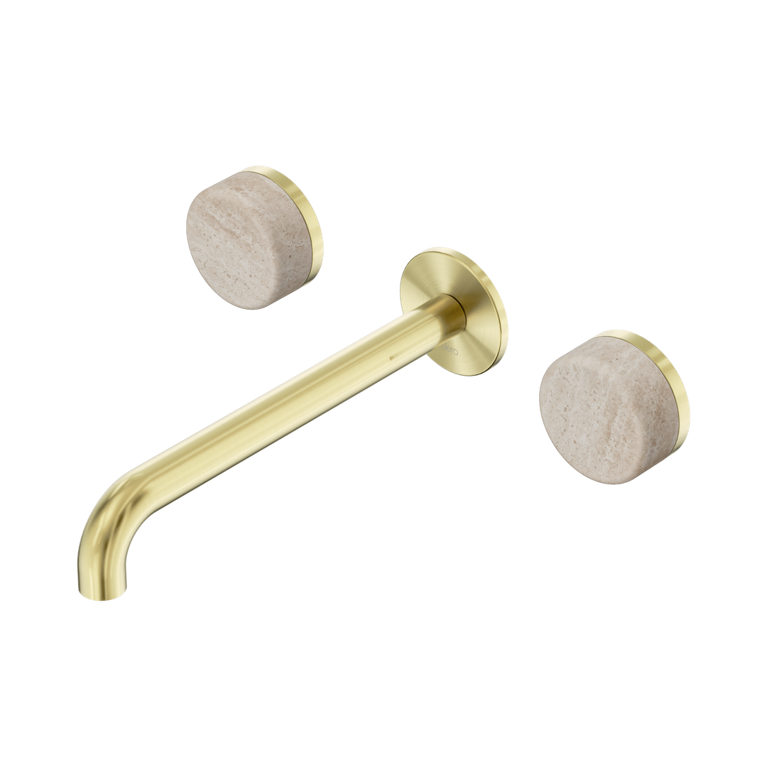 Nero Serenity Wall Basin Set 220Mm Spout Brushed Gold - Rome Travertine Handle