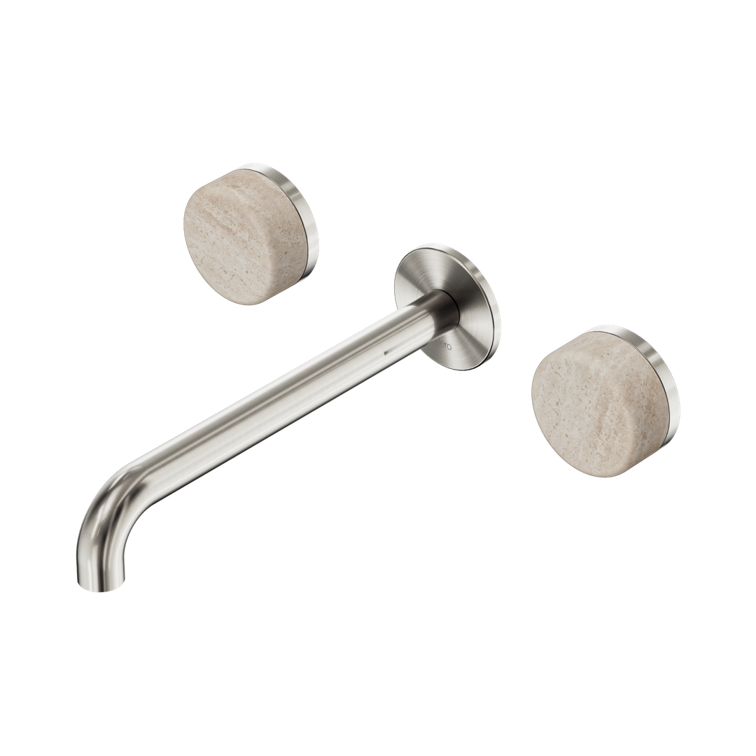Nero Serenity Wall Basin Set 220Mm Spout Brushed Nickel - Rome Travertine Handle