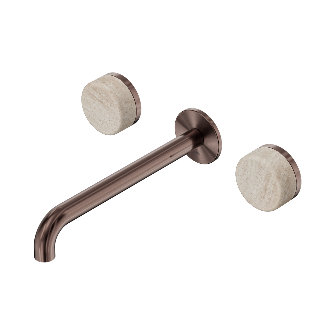 Nero Serenity Wall Basin Set 220Mm Spout Brushed Bronze - Rome Travertine Handle