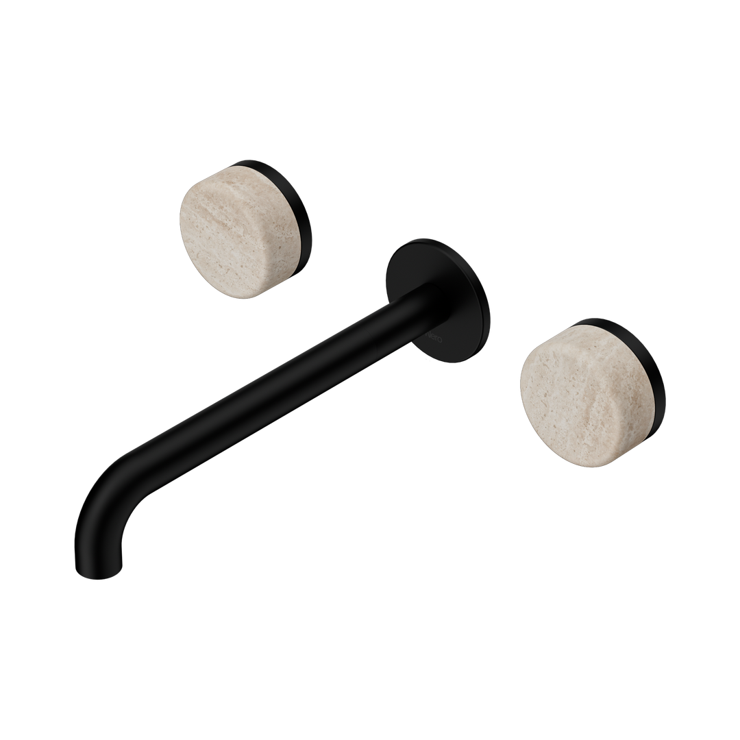 Nero Serenity Wall Basin Set 220Mm Spout Matte Black - Rome Travertine Handle