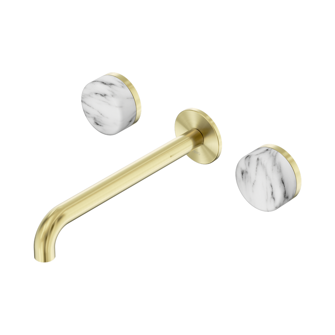 Nero Serenity Wall Basin Set 220Mm Spout Brushed Gold - Arabescato Corchia Handle