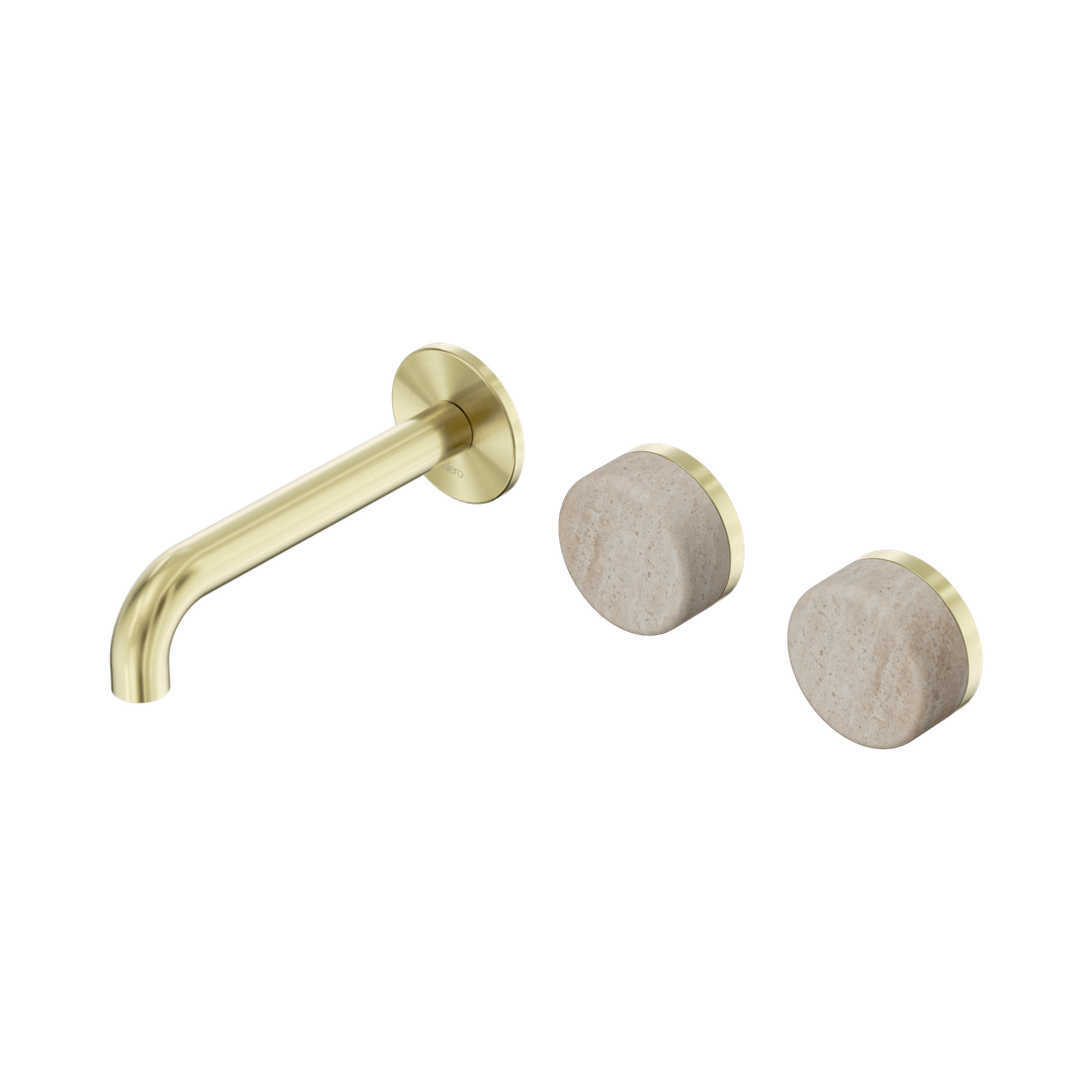 Nero Serenity Wall Basin Set 160Mm Offset Spout Brushed Gold - Rome Travertine Handle
