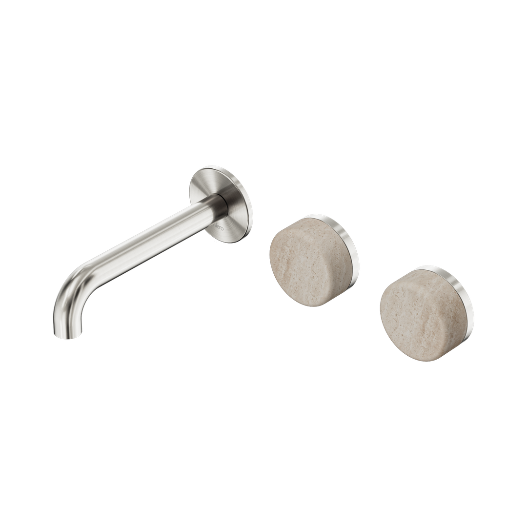 Nero Serenity Wall Basin Set 160Mm Offset Spout Brushed Nickel - Rome Travertine Handle