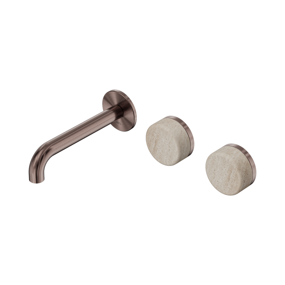 Nero Serenity Wall Basin Set 160Mm Offset Spout Brushed Bronze - Rome Travertine Handle