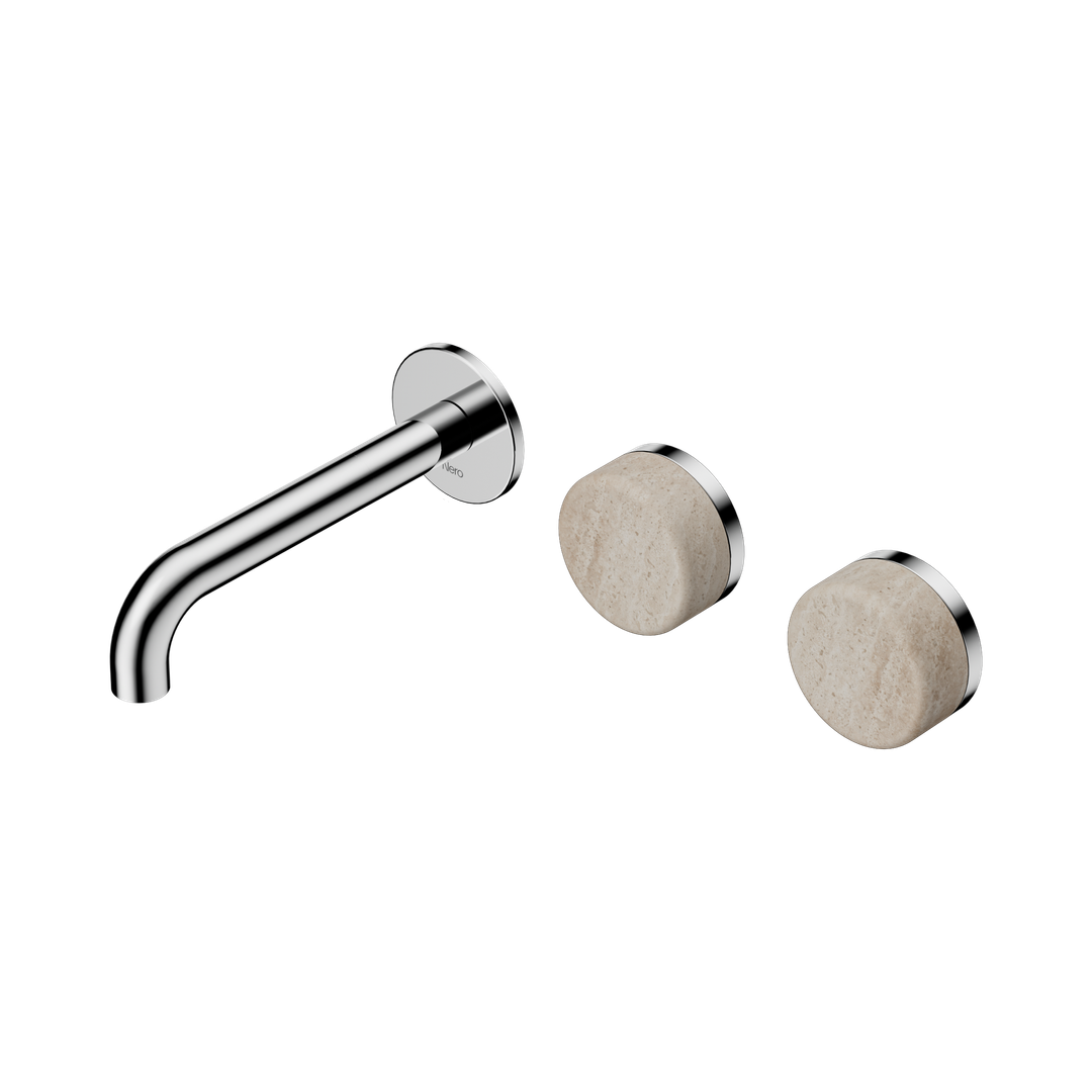 Nero Serenity Wall Basin Set 160Mm Offset Spout Chrome - Rome Travertine Handle