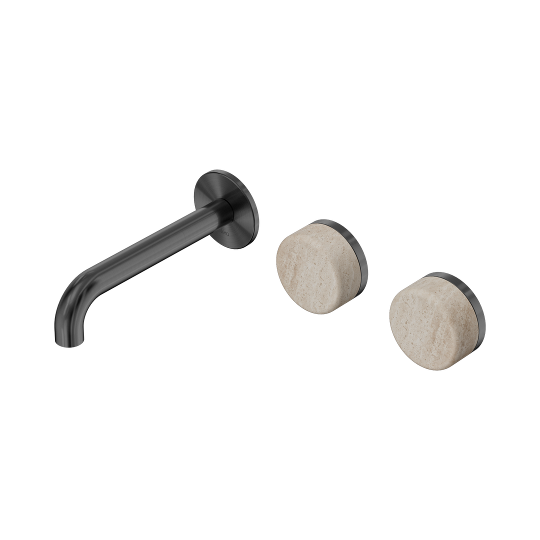 Nero Serenity Wall Basin Set 160Mm Offset Spout Gunmetal - Rome Travertine Handle