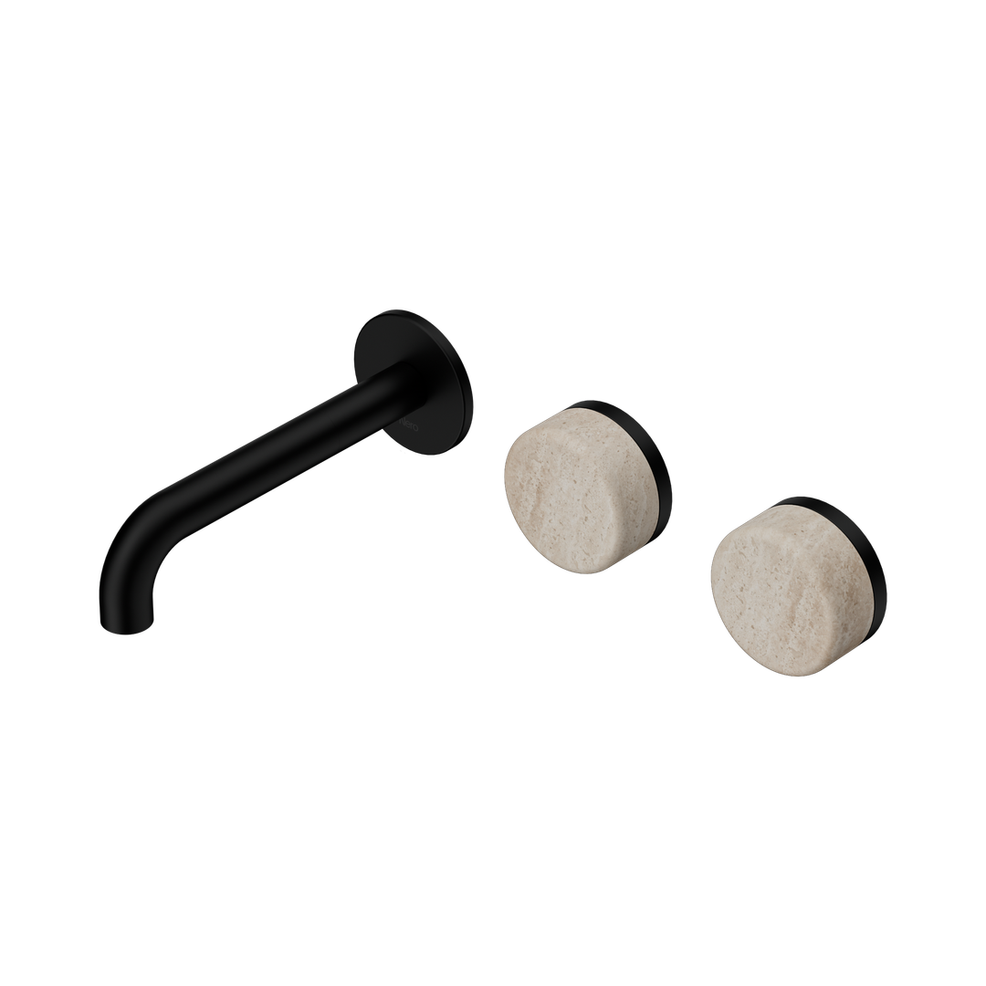 Nero Serenity Wall Basin Set 160Mm Offset Spout Matte Black - Rome Travertine Handle