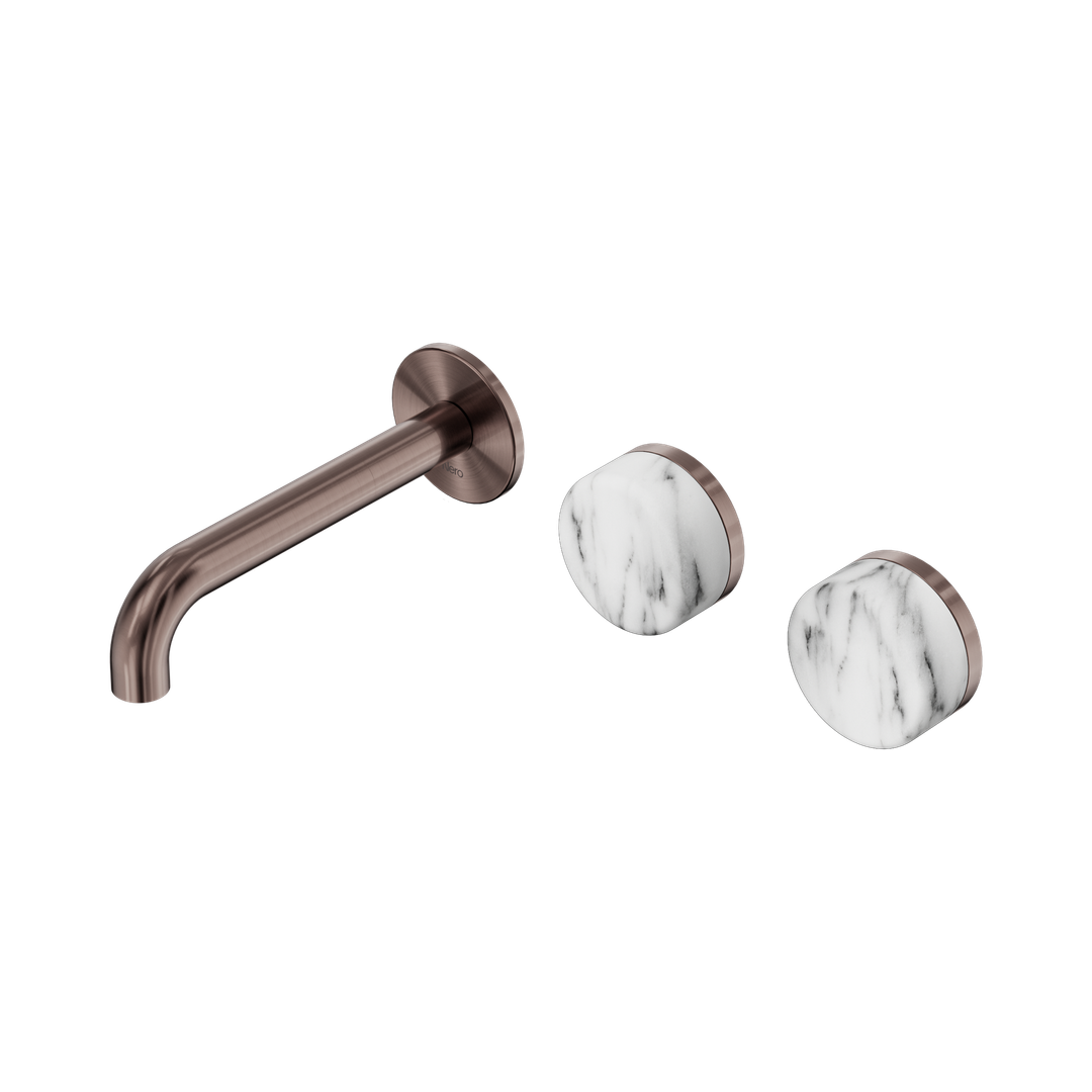 Nero Serenity Wall Basin Set 160Mm Offset Spout Brushed Bronze - Arabescato Corchia Handle