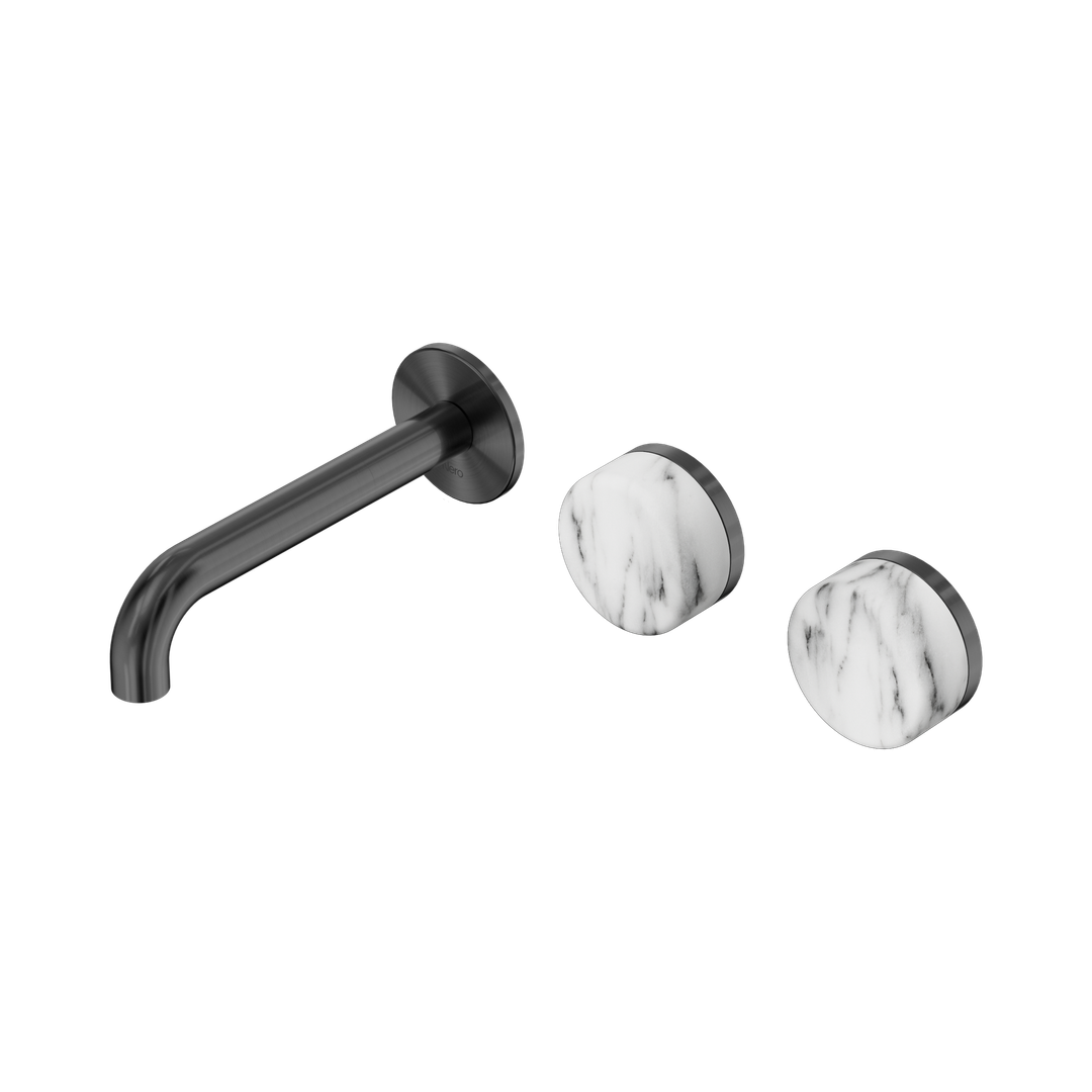 Nero Serenity Wall Basin Set 160Mm Offset Spout Gunmetal - Arabescato Corchia Handle
