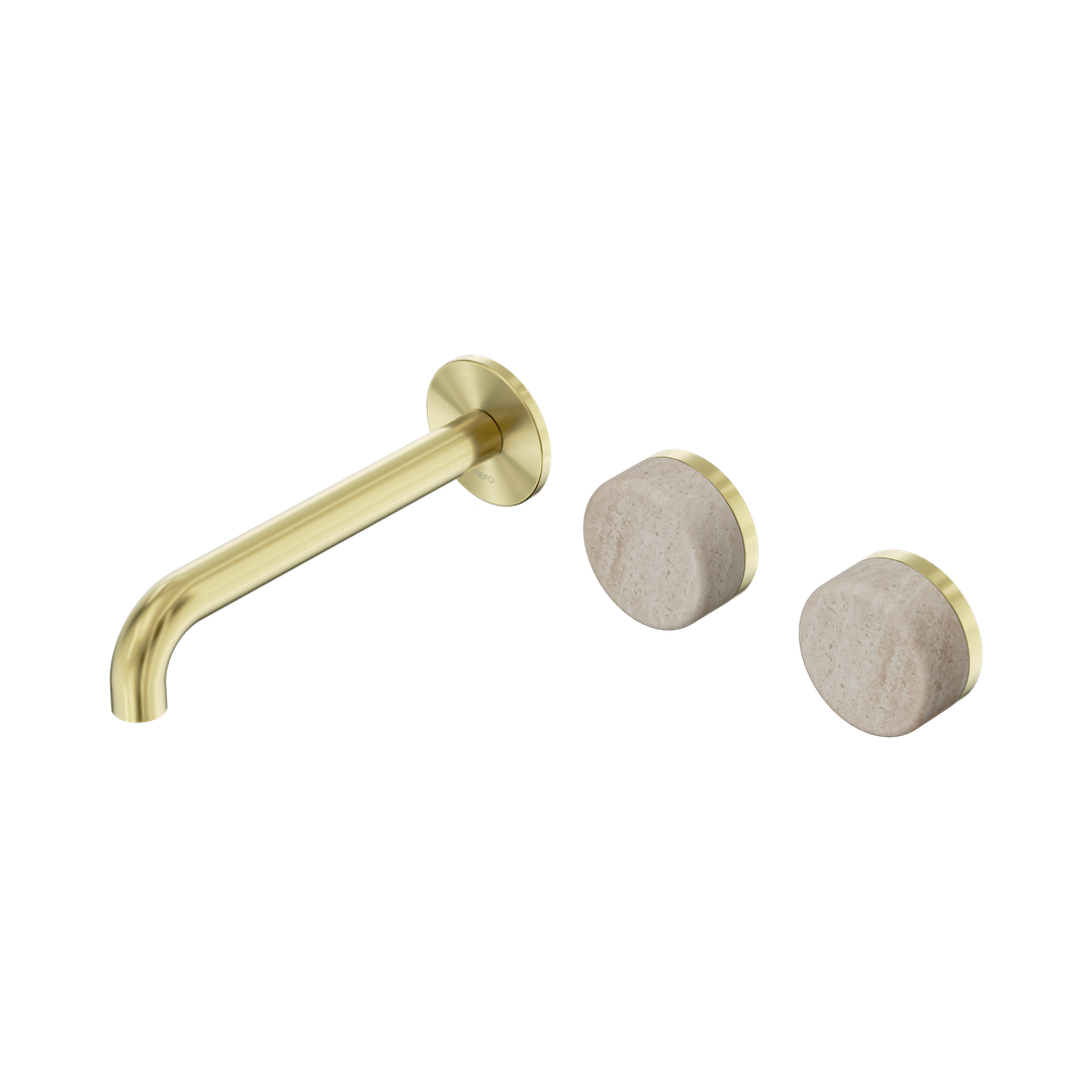 Nero Serenity Wall Basin Set 185Mm Offset Spout Brushed Gold - Rome Travertine Handle