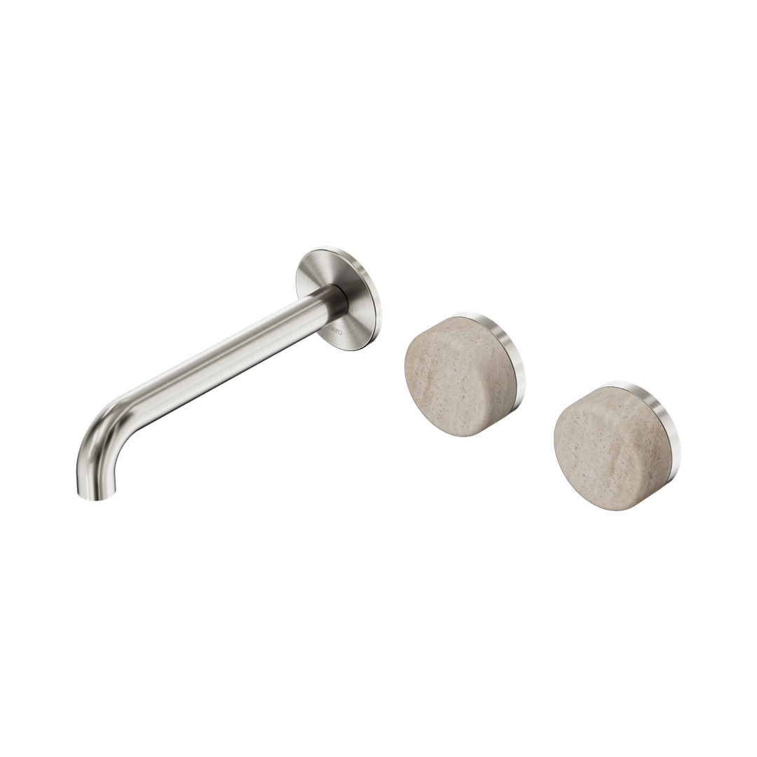 Nero Serenity Wall Basin Set 185Mm Offset Spout Brushed Nickel - Rome Travertine Handle