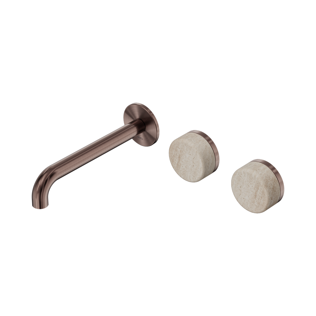 Nero Serenity Wall Basin Set 185Mm Offset Spout Brushed Bronze - Rome Travertine Handle