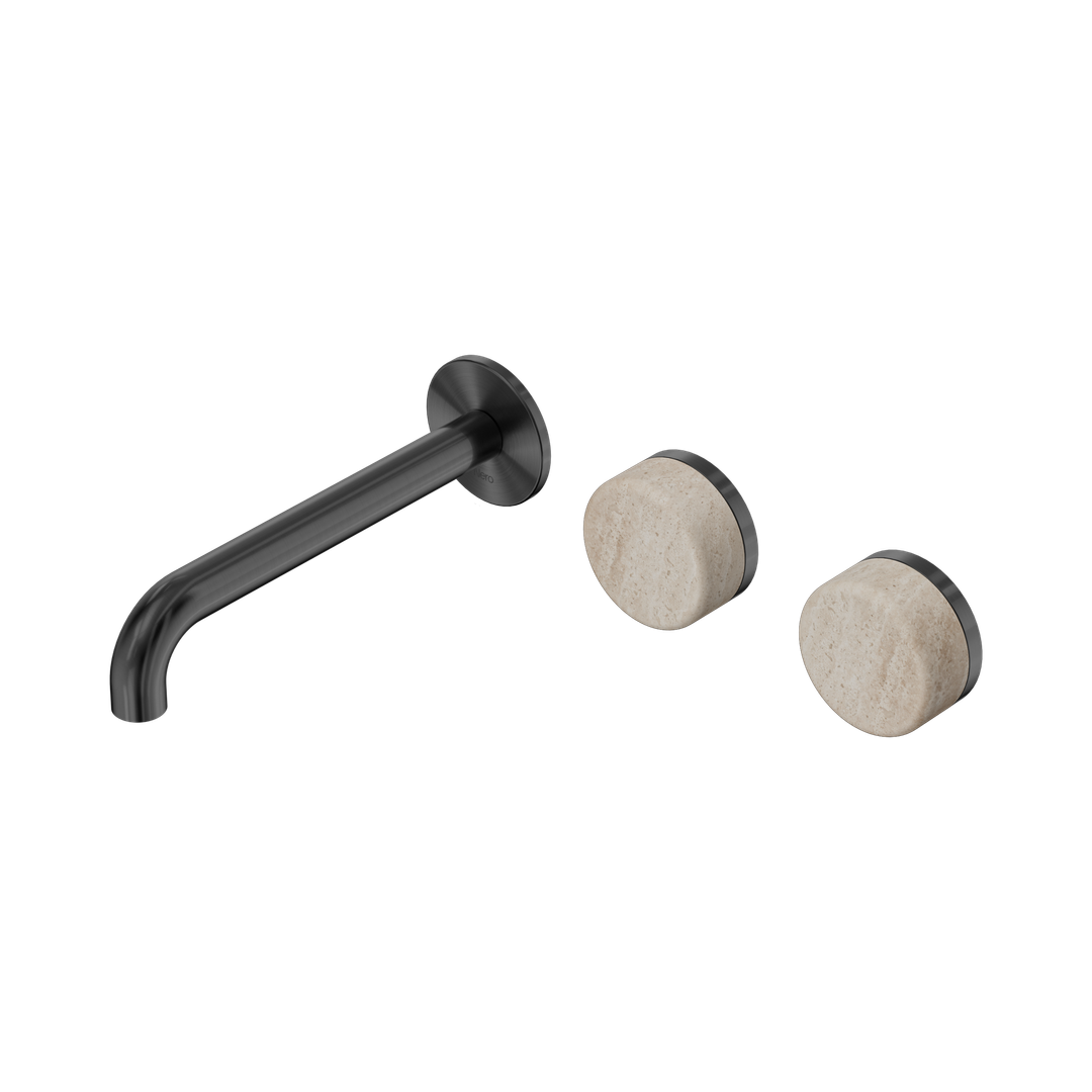 Nero Serenity Wall Basin Set 185Mm Offset Spout Gunmetal - Rome Travertine Handle