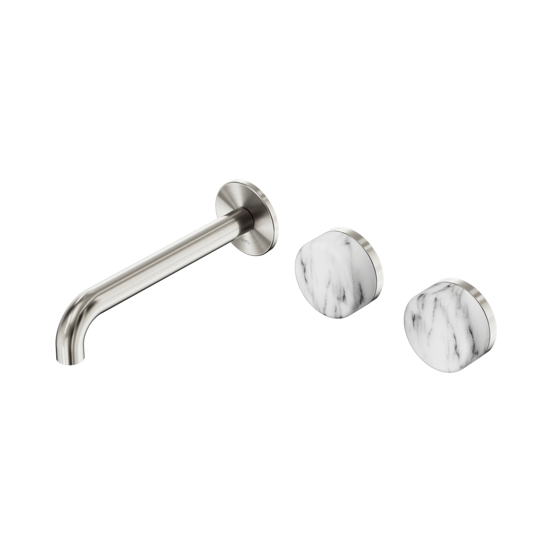Nero Serenity Wall Basin Set 185Mm Offset Spout Brushed Nickel - Arabescato Corchia Handle