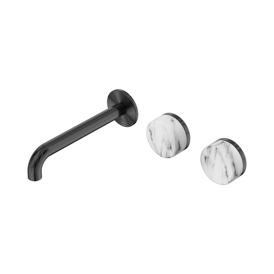 Nero Serenity Wall Basin Set 185Mm Offset Spout Gunmetal - Arabescato Corchia Handle