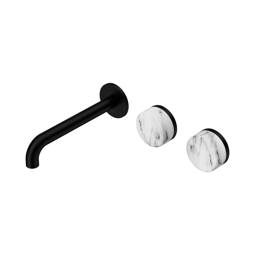 Nero Serenity Wall Basin Set 185Mm Offset Spout Matte Black - Arabescato Corchia Handle