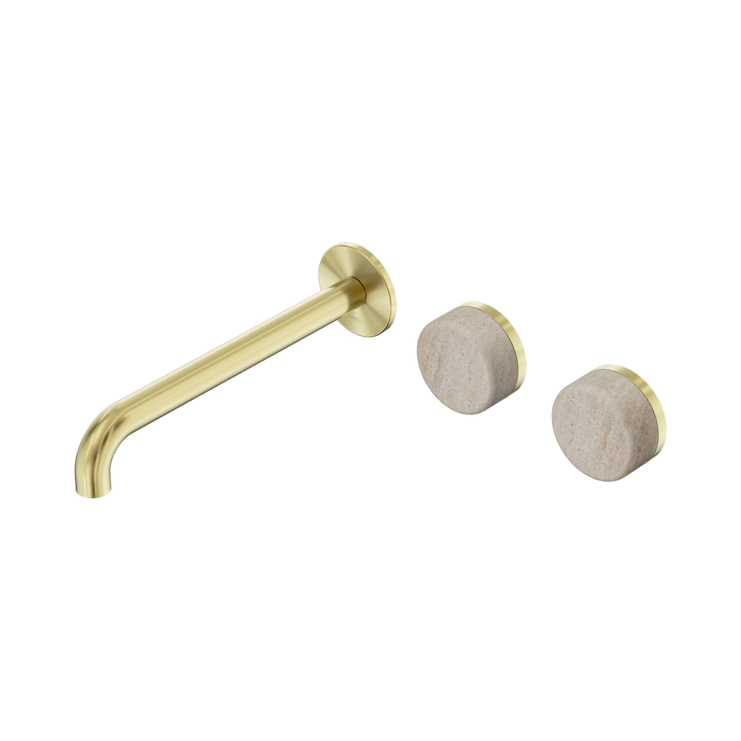 Nero Serenity Wall Basin Set 220Mm Offset Spout Brushed Gold - Rome Travertine Handle