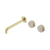 Nero Serenity Wall Basin Set 220Mm Offset Spout Brushed Gold - Rome Travertine Handle