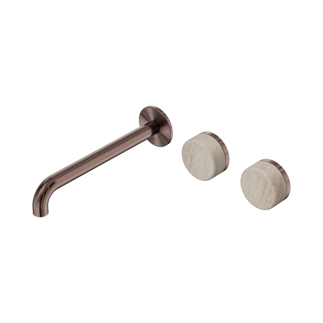 Nero Serenity Wall Basin Set 220Mm Offset Spout Brushed Bronze - Rome Travertine Handle