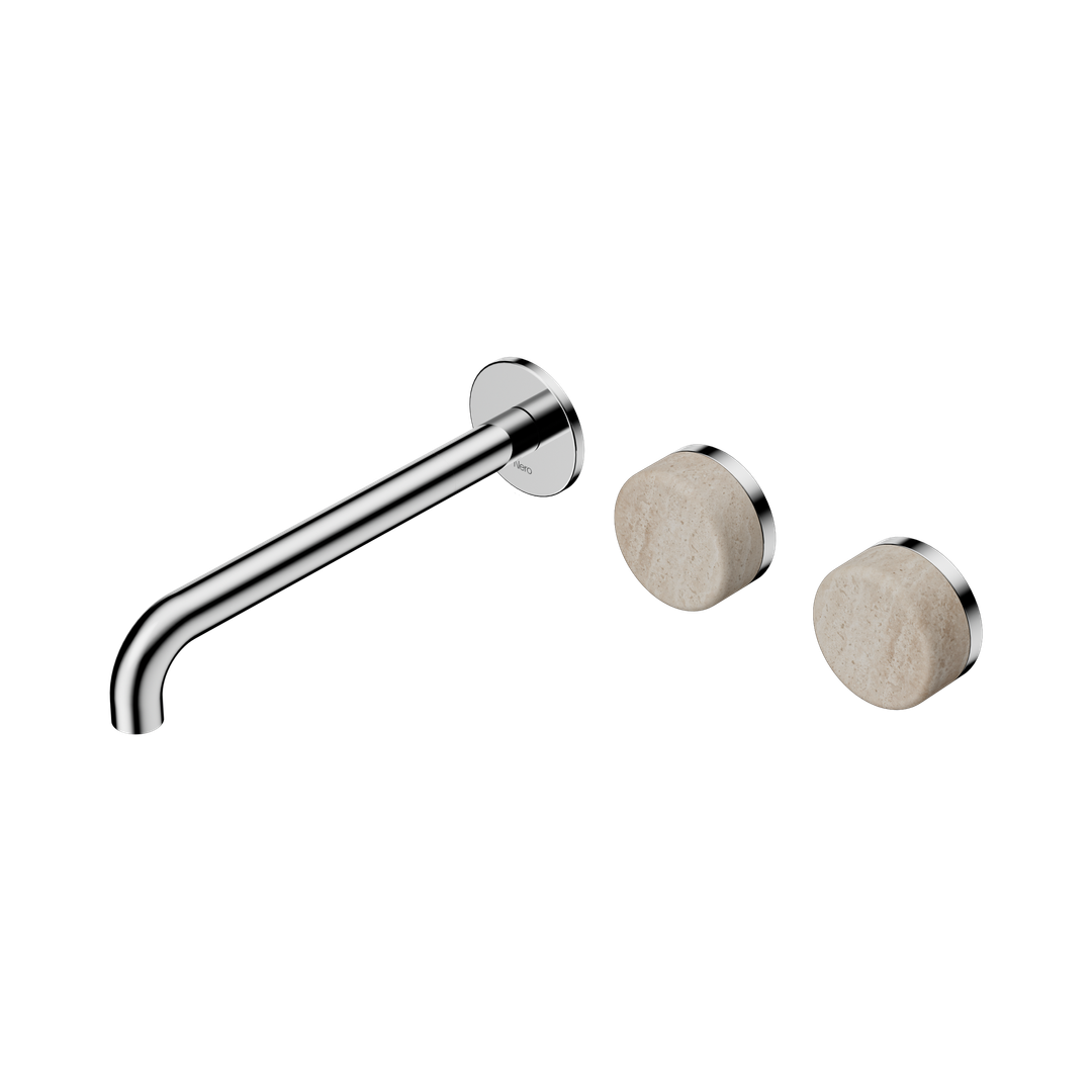 Nero Serenity Wall Basin Set 220Mm Offset Spout Chrome - Rome Travertine Handle