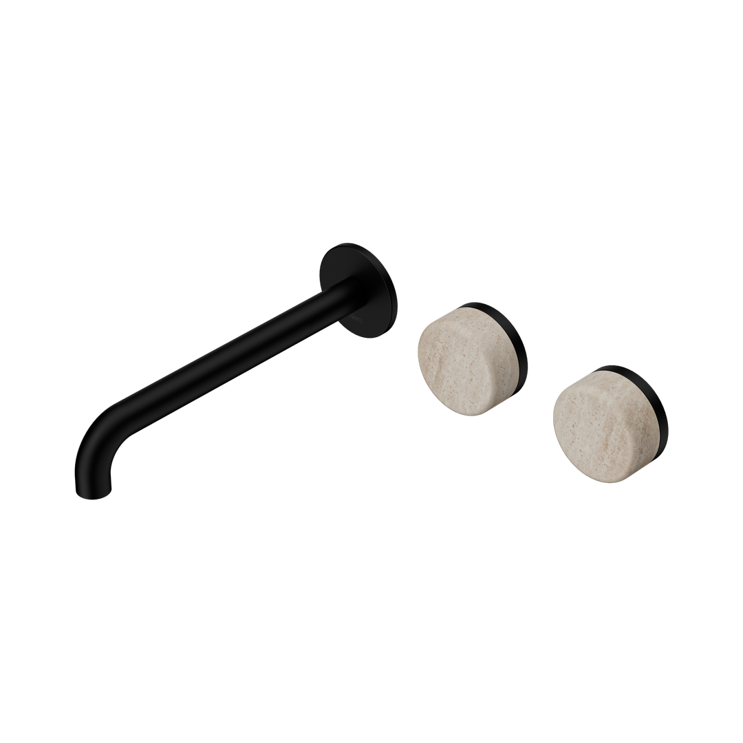 Nero Serenity Wall Basin Set 220Mm Offset Spout Matte Black - Rome Travertine Handle