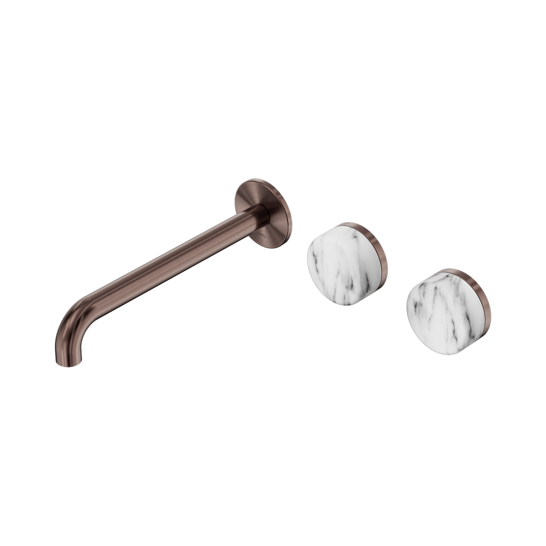 Nero Serenity Wall Basin Set 220Mm Offset Spout Brushed Bronze - Arabescato Corchia Handle