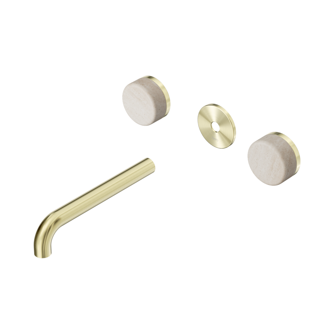 Nero Serenity Wall Basin Set 185Mm Spout - Brushed Gold Rome Travertine Handle Trim Kit Only