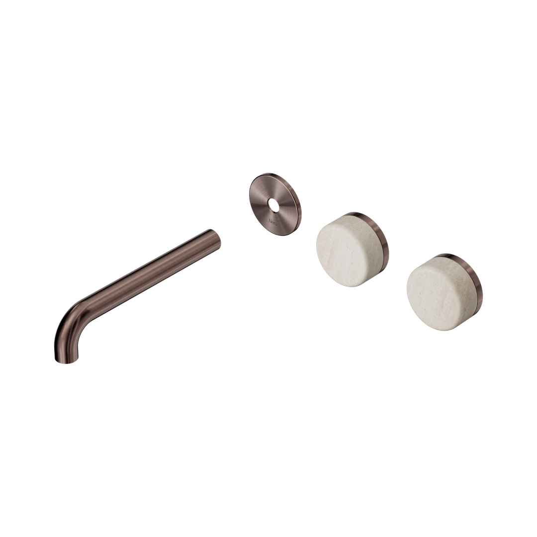 Nero Serenity Wall Basin Set 185Mm Offset Spout - Brushed Bronze Rome Travertine Handle Trim Kit