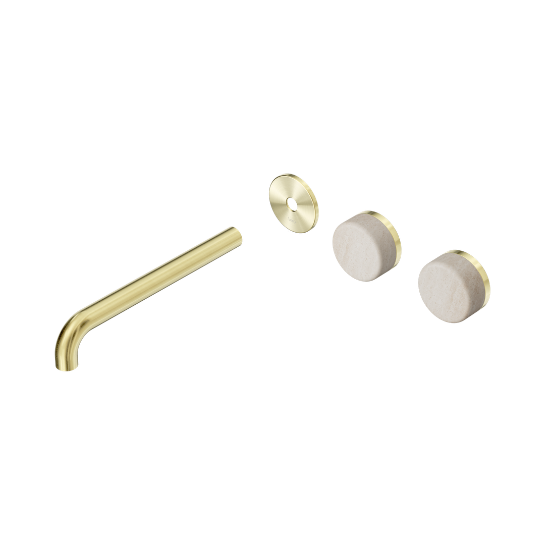 Nero Serenity Wall Basin Set 220Mm Offset Spout - Brushed Gold Rome Travertine Handle Trim Kit Only