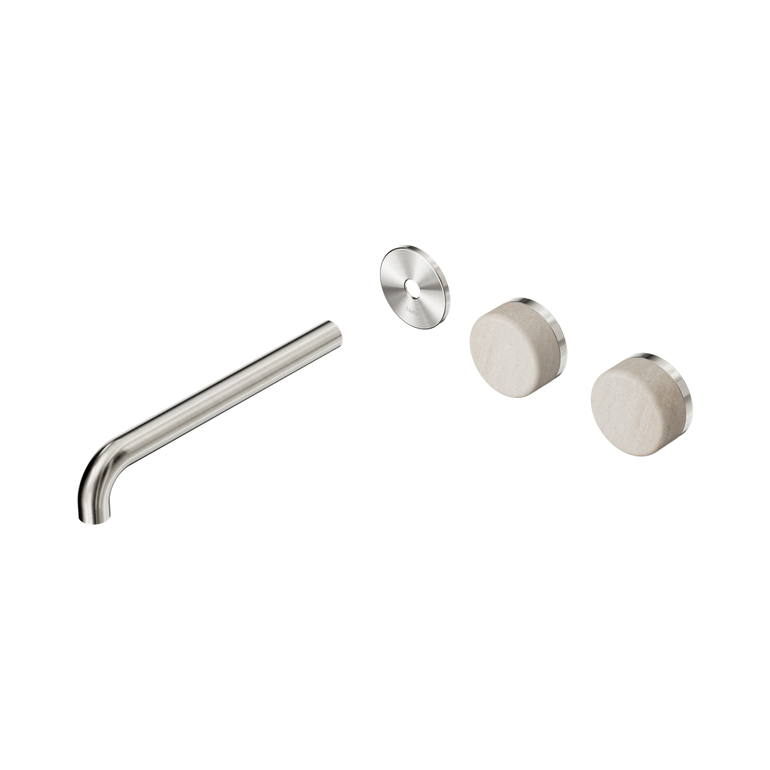 Nero Serenity Wall Basin Set 220Mm Offset Spout - Brushed Nickel Rome Travertine Handle Trim Kit