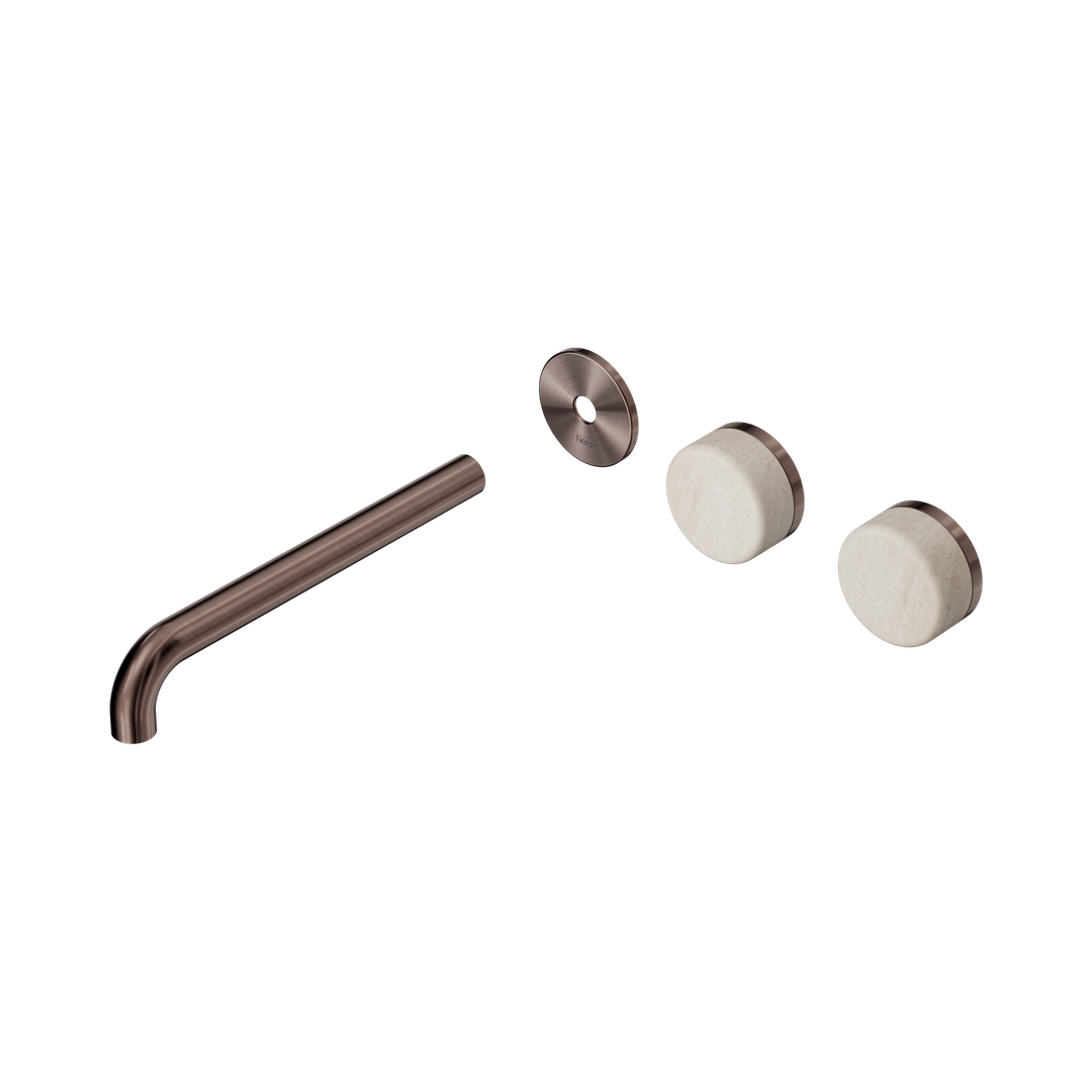 Nero Serenity Wall Basin Set 220Mm Offset Spout - Brushed Bronze Rome Travertine Handle Trim Kit