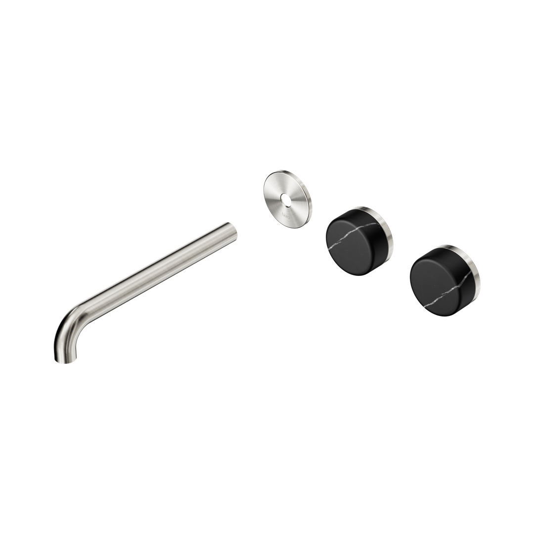 Nero Serenity Wall Basin Set 220Mm Offset Spout - Brushed Nickel Marquina Black Handle Trim Kit