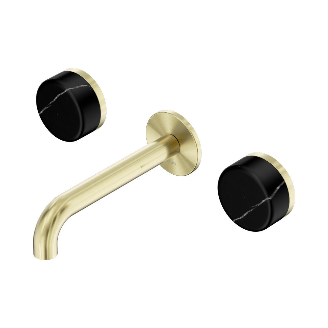 Nero Serenity Wall Basin Set 160Mm Spout Brushed Gold - Marquina Black Handle