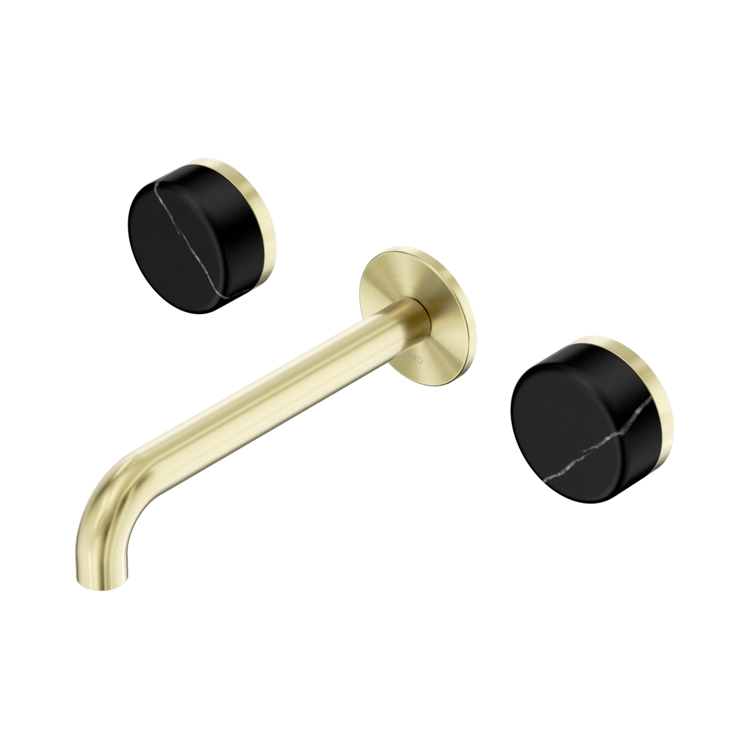 Nero Serenity Wall Basin Set 185Mm Spout Brushed Gold - Marquina Black Handle