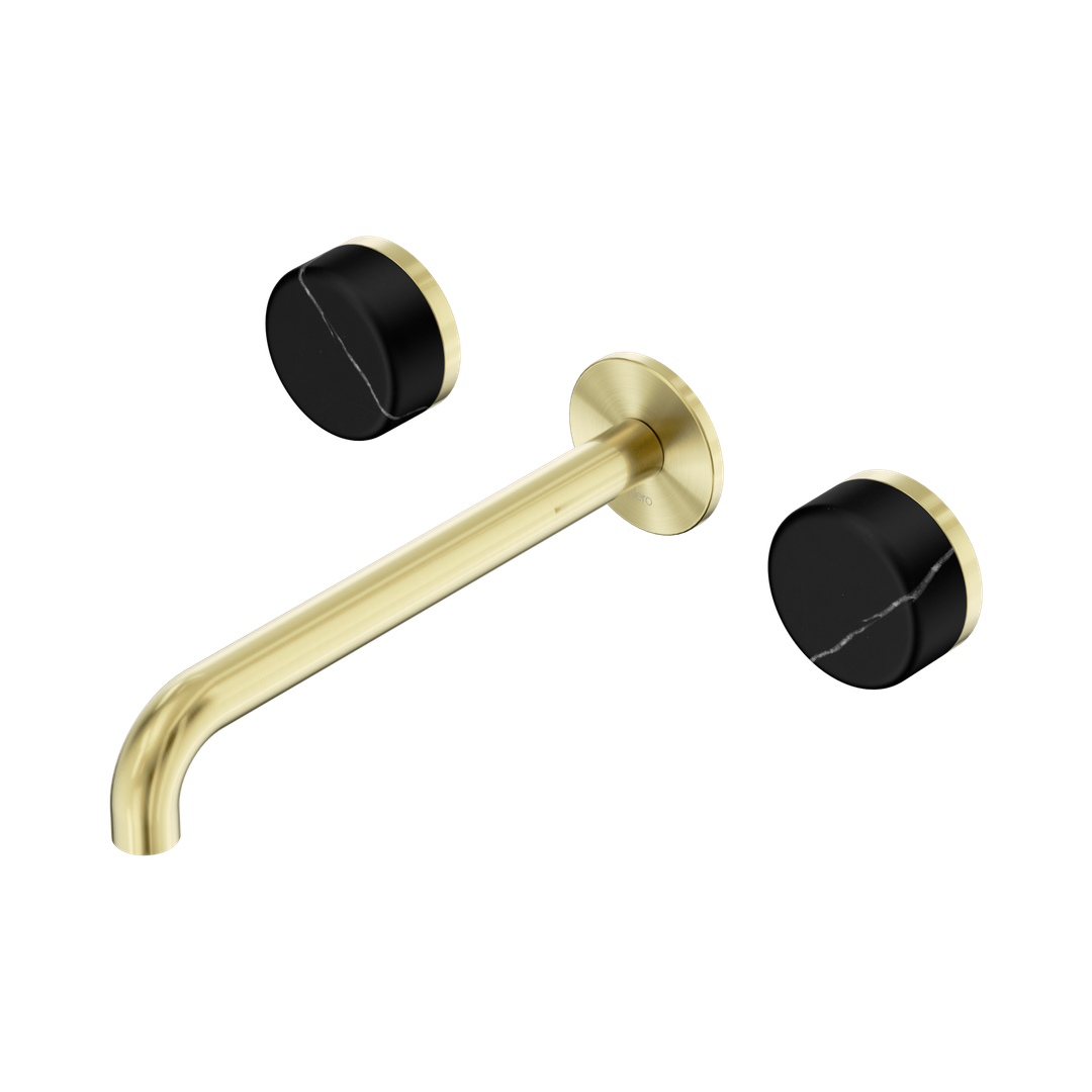 Nero Serenity Wall Basin Set 220Mm Spout Brushed Gold - Marquina Black Handle