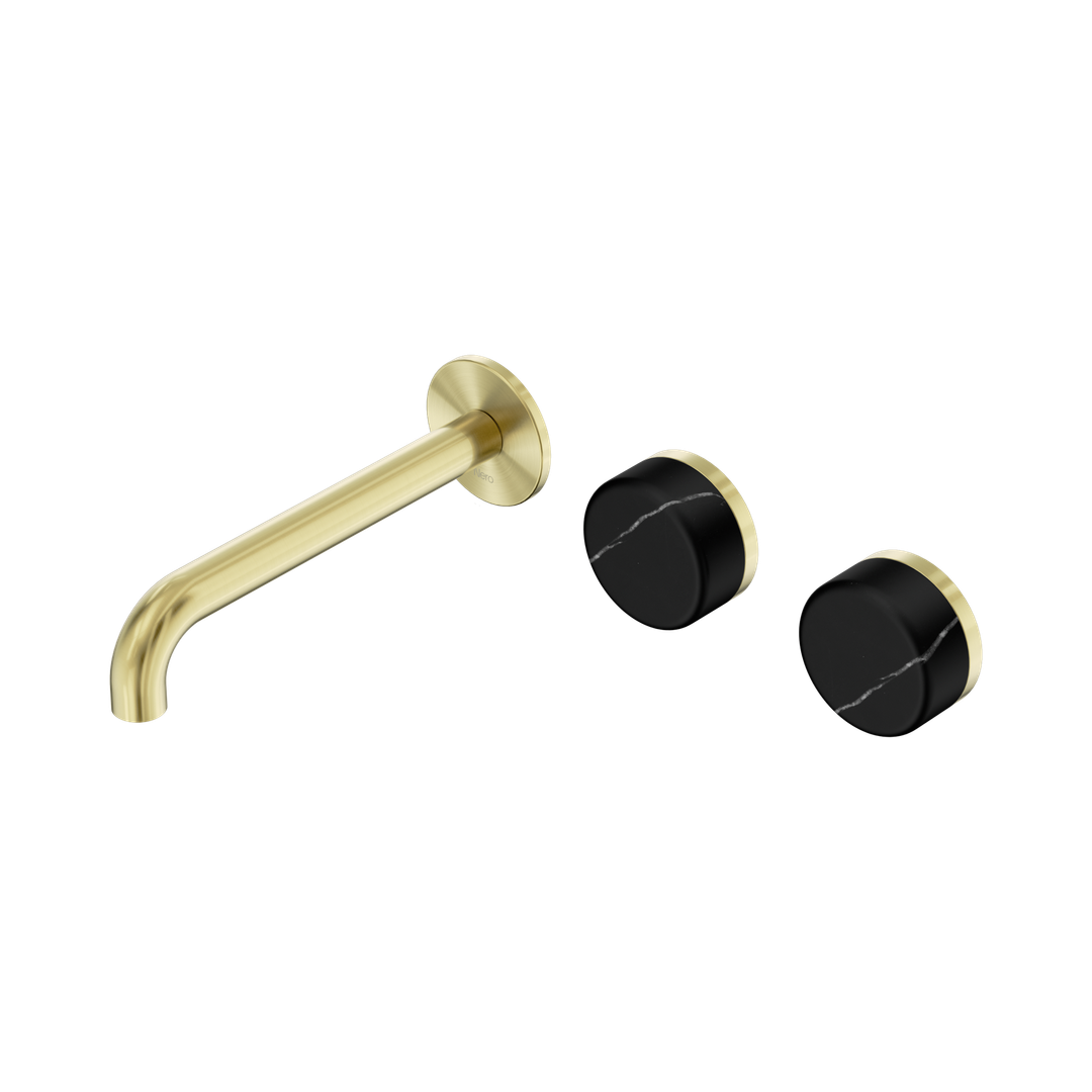 Nero Serenity Wall Basin Set 185Mm Offset Spout Brushed Gold - Marquina Black Handle