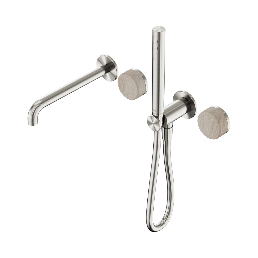 Nero Serenity Progressive Shower System - Spout Brushed Nickel Rome Travertine Handle & Slim Shower