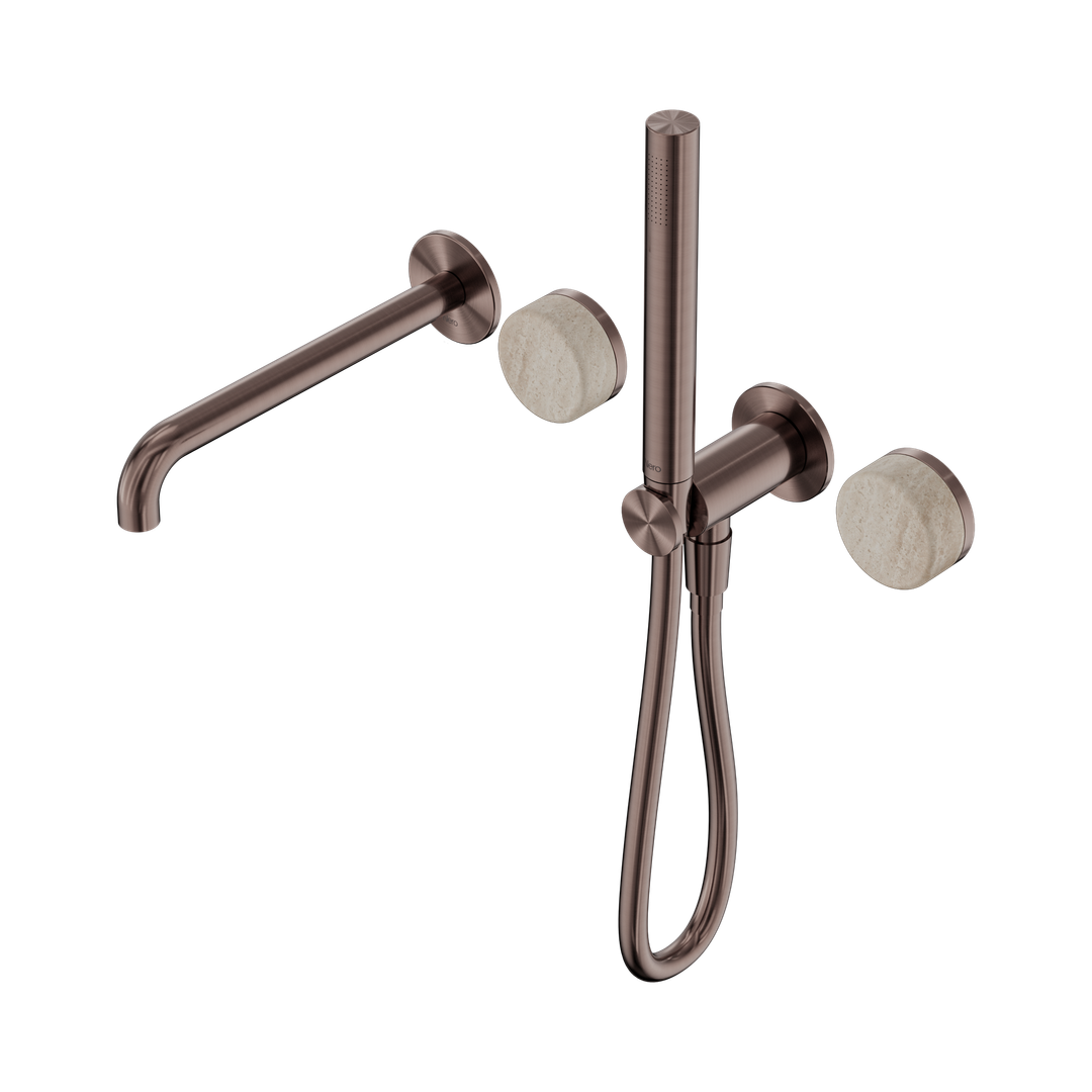Nero Serenity Progressive Shower System - Spout Brushed Bronze Rome Travertine Handle & Slim Shower