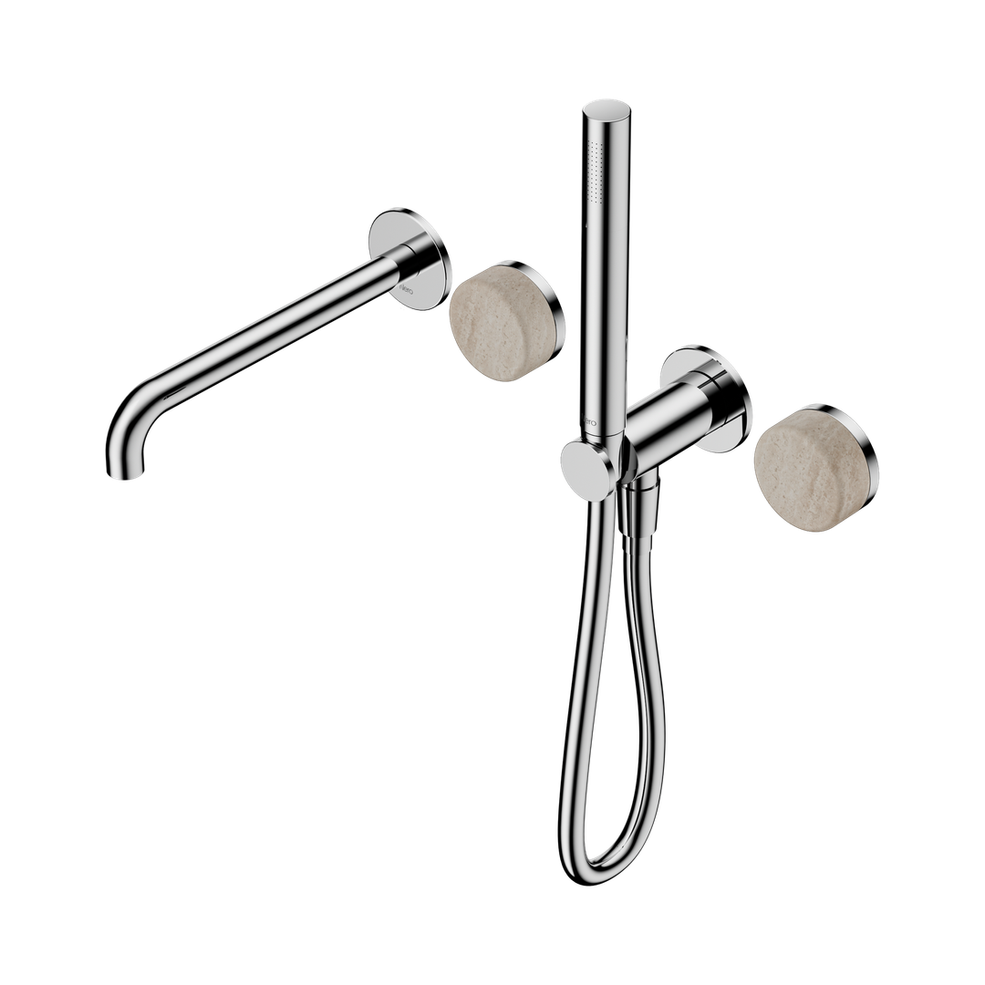 Nero Serenity Progressive Shower System - Spout Chrome - Rome Travertine Handle & Slim Shower