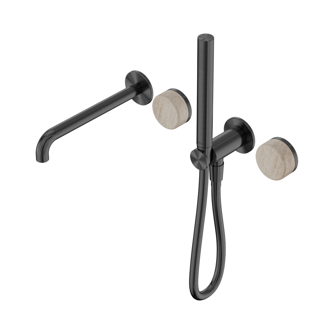 Nero Serenity Progressive Shower System - Spout Gunmetal - Rome Travertine Handle & Slim Shower
