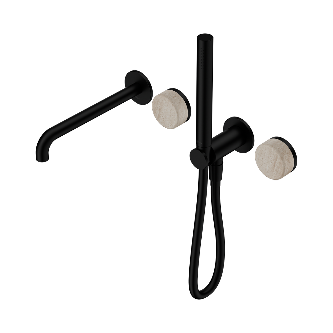 Nero Serenity Progressive Shower System - Spout Matte Black - Rome Travertine Handle & Slim Shower