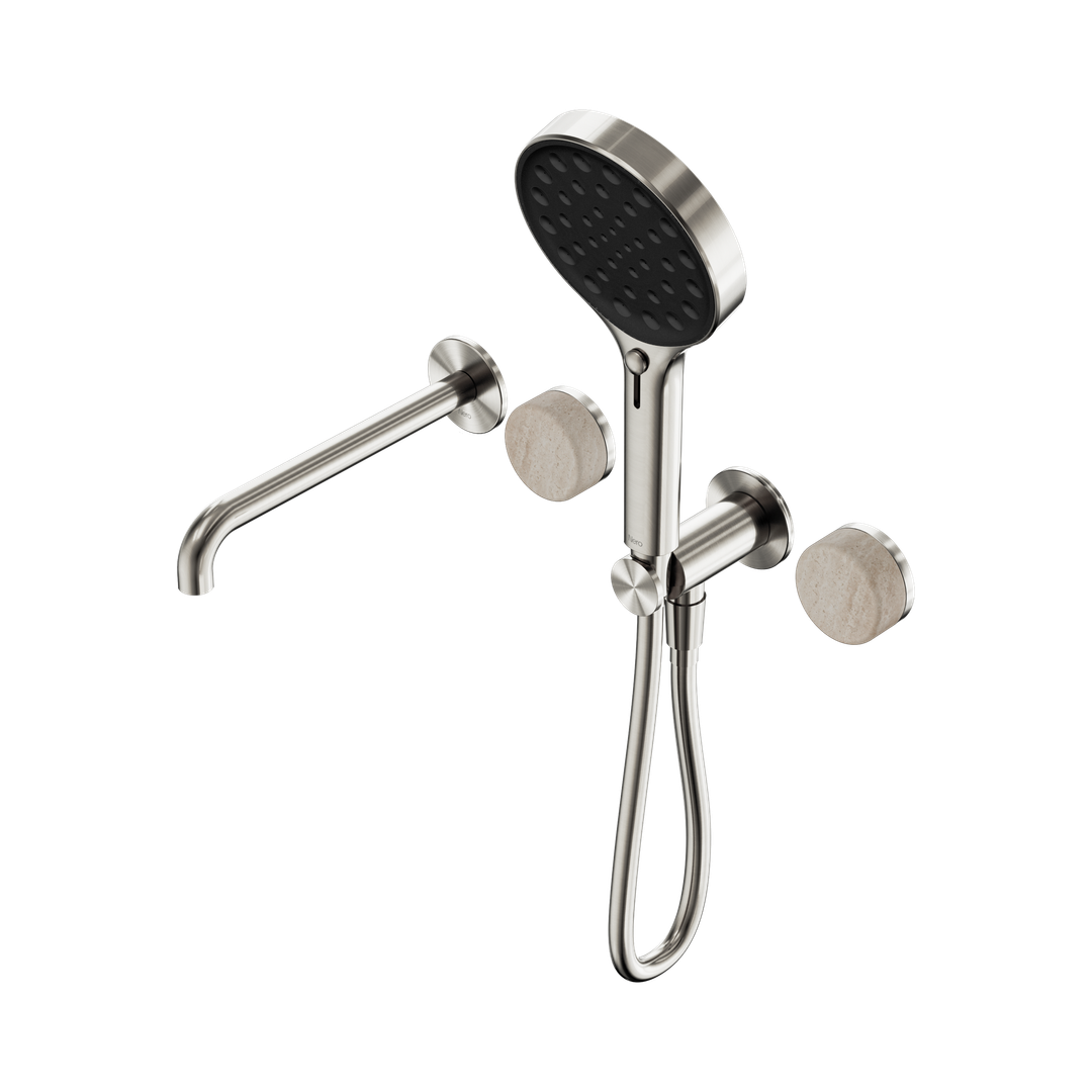 Nero Serenity Progressive Shower System - Spout Brushed Nickel Rome Travertine Handle & Serenity Hand Shower
