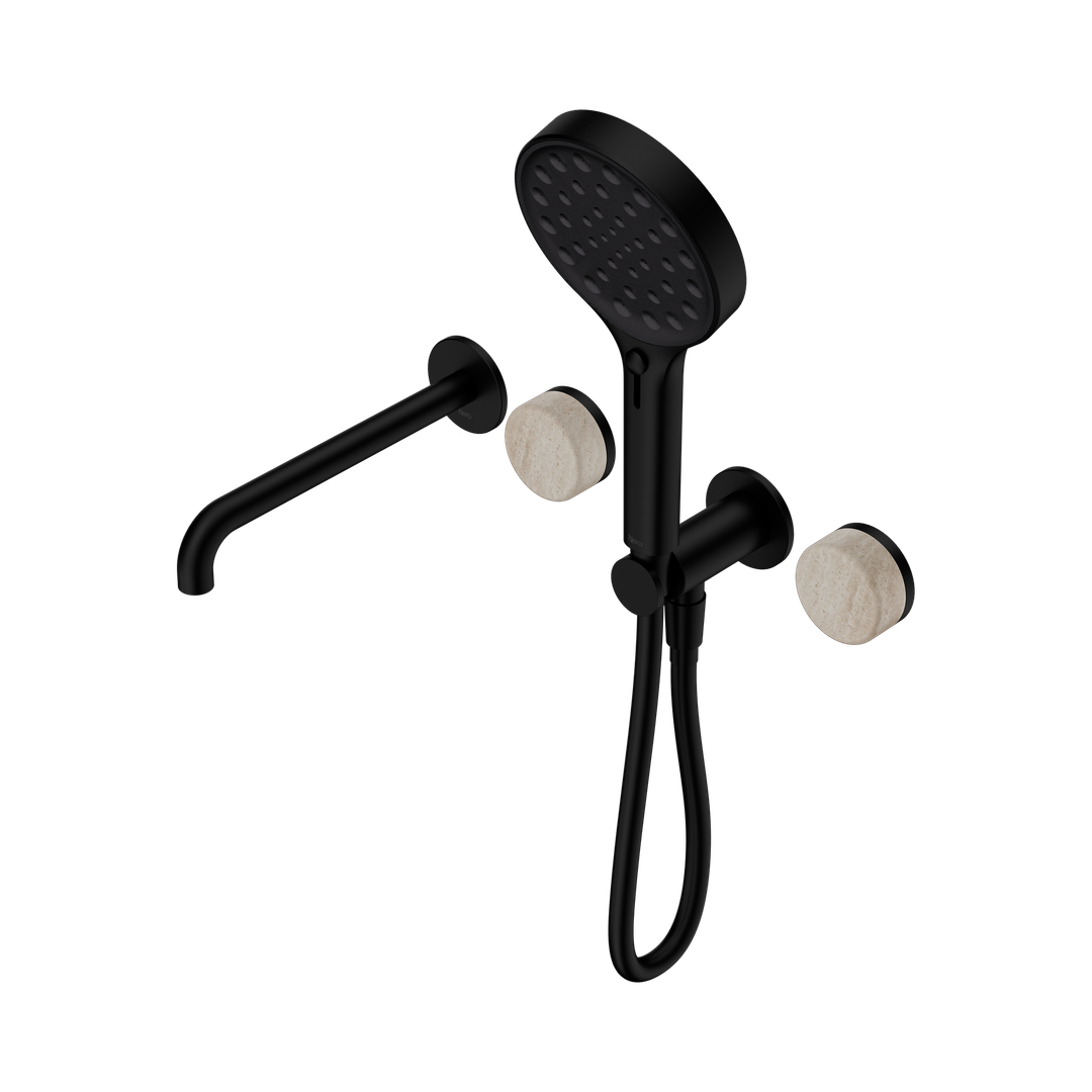 Nero Serenity Progressive Shower System - Spout Matte Black Rome Travertine Handle & Serenity Hand Shower