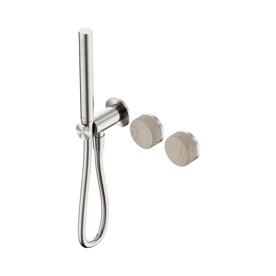 Nero Serenity Progressive Shower System Brushed Nickel - Rome Travertine Handle & Slim Shower