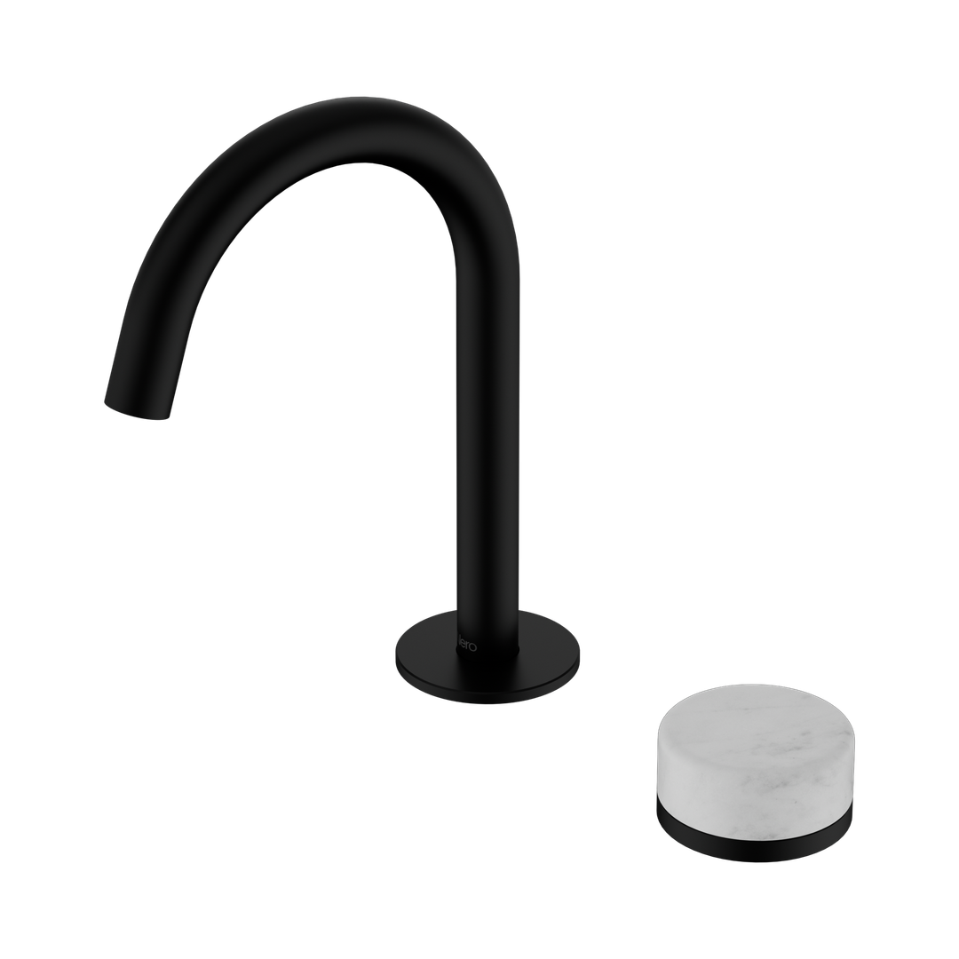Nero Serenity Progressive Basin Mixer Arc Spout Matte Black - Carrara Handle