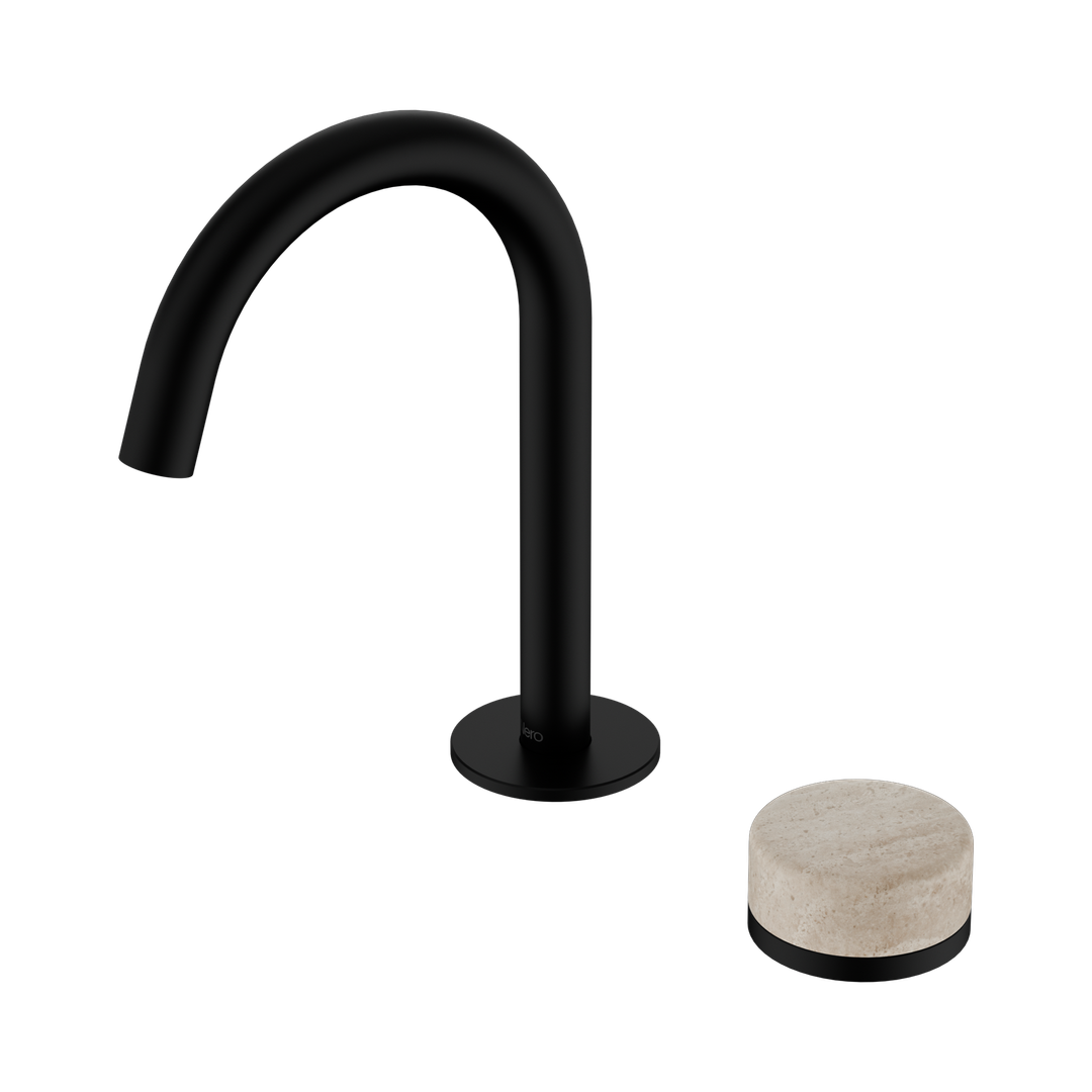 Nero Serenity Progressive Basin Mixer Arc Spout Matte Black - Rome Travertine Handle