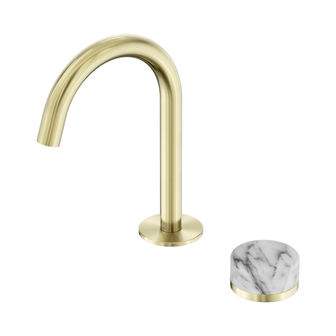 Nero Serenity Progressive Basin Mixer Arc Spout Brushed Gold - Arabescato Corchia Handle