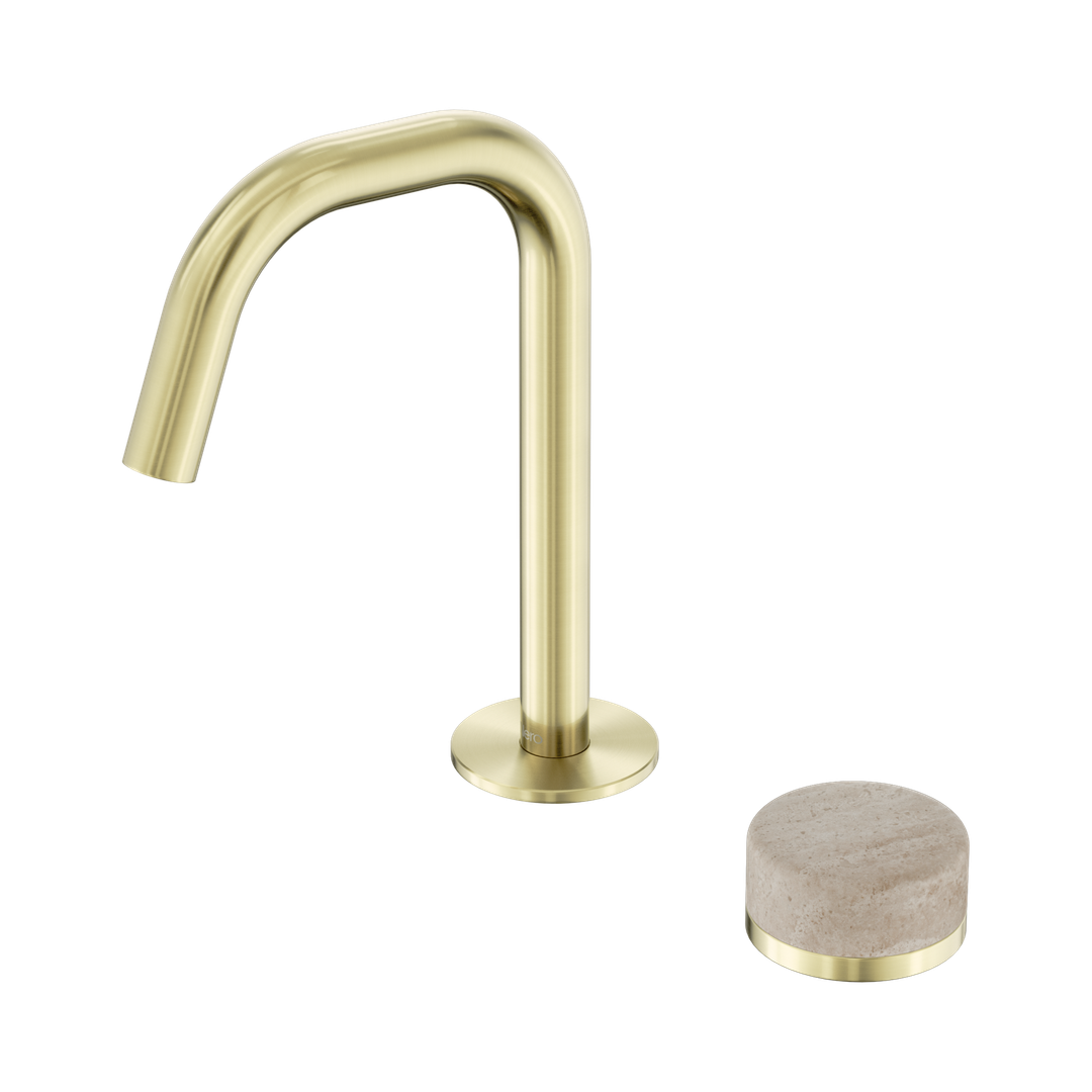 Nero Serenity Progressive Basin Mixer Edge Spout Brushed Gold - Rome Travertine Handle