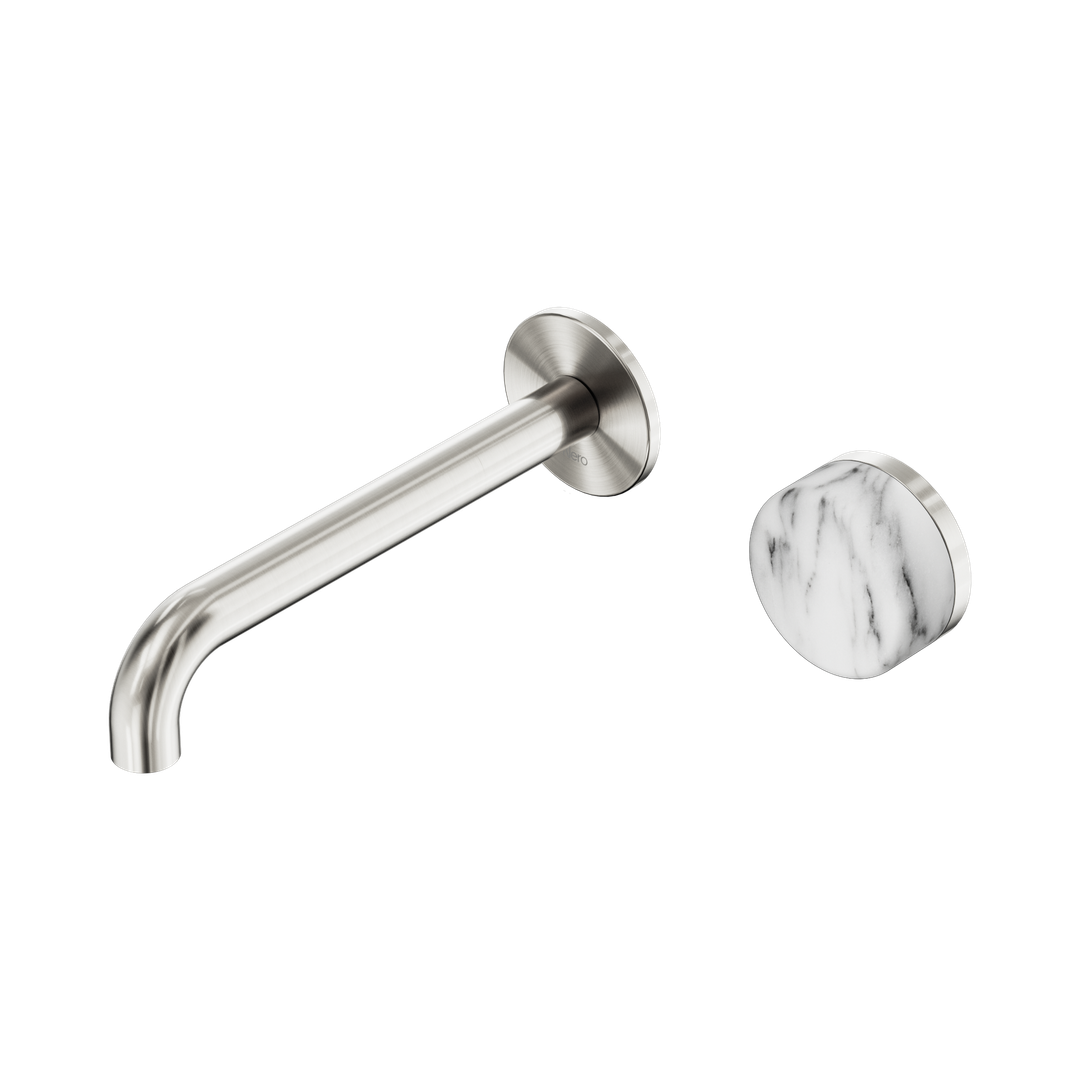 Nero Serenity Wall Basin Mixer 185mm Spout With Arabescato Corchia Handle - Brushed Nickel