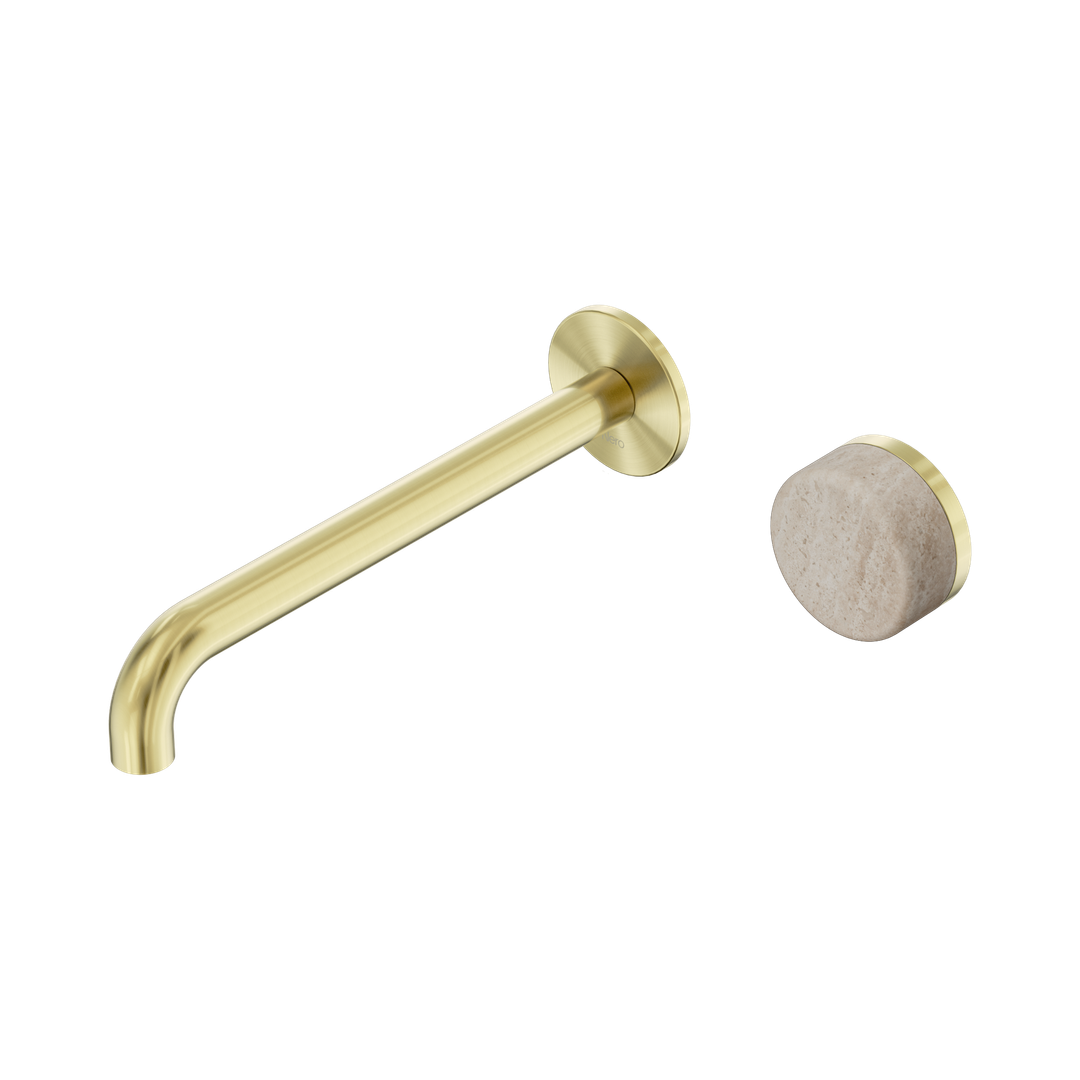 Nero Serenity Progressive Wall Basin Mixer 220Mm Spout - Brushed Gold Rome Travertine Handle